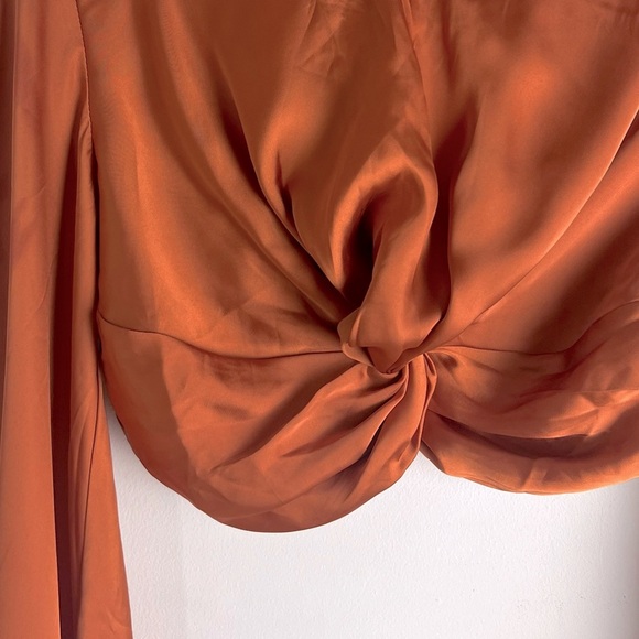 Andrea Iyamah | Bubble Sleeve Front Twist Satin Behati Rust Cropped Top | XS - Picture 8 of 15
